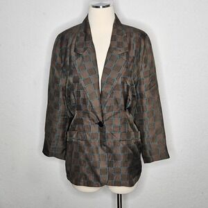 Paul Alexander Vintage 100% Silk Blazer Brown Turquoise Blue Grid Plaid Size 6